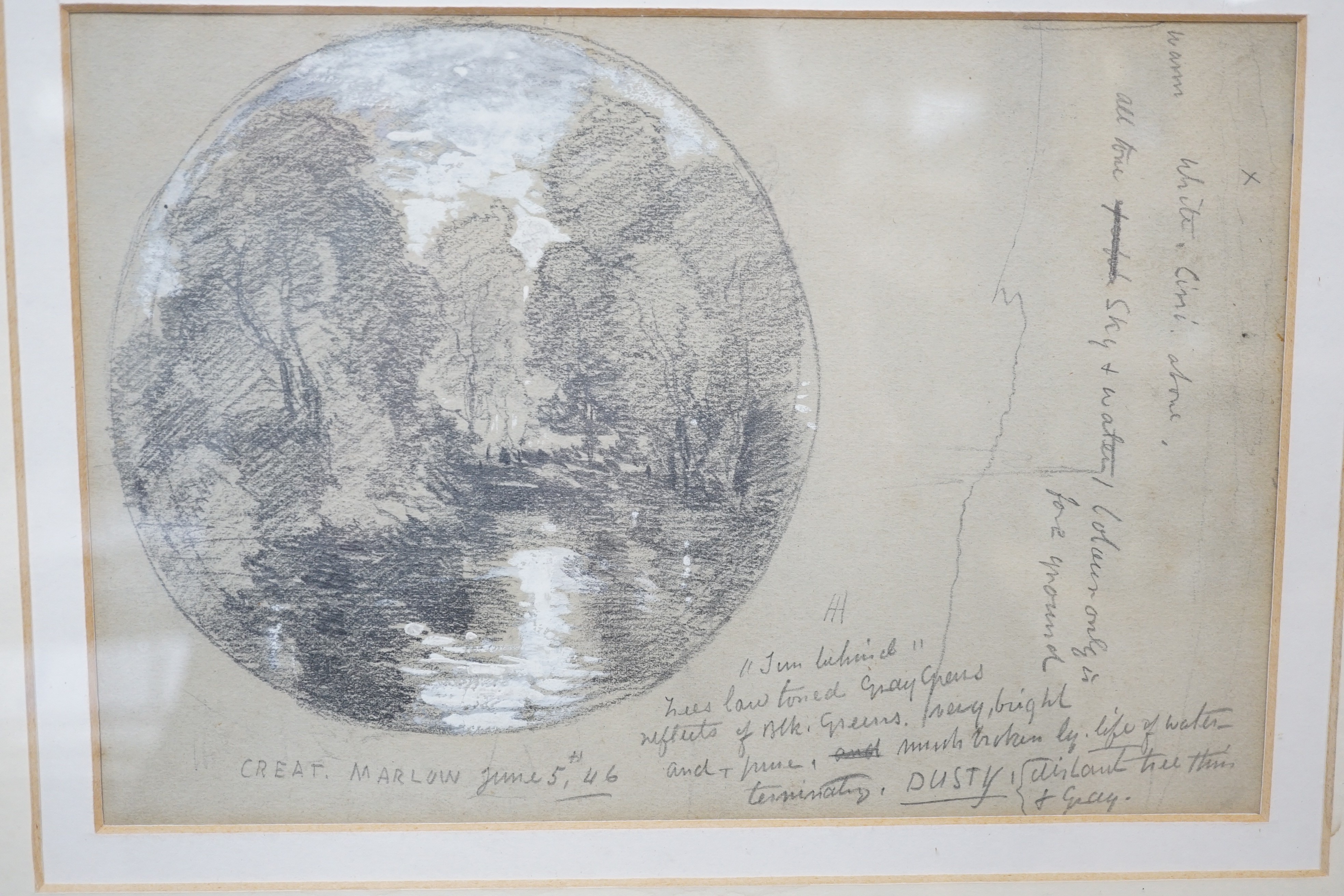 James Holland (1799-1870), pencil heightened with white, 'Great Marlow 1846', with annotations, 17 x 25cm